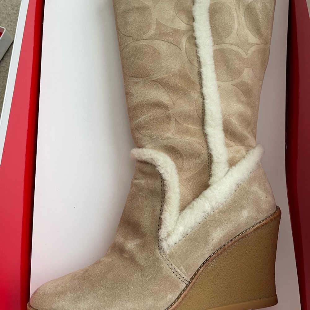 Coach Jordana Boot in Box - Wedge Shearling Knee-High Boot in Beige